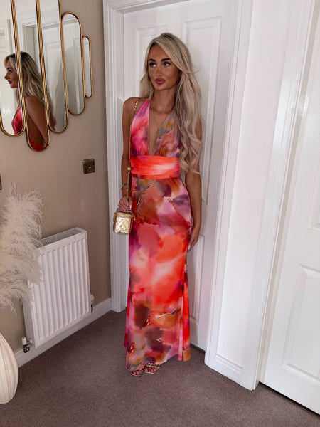 Pink Watercolour Tie Dye Halter Neck Maxi Dress
