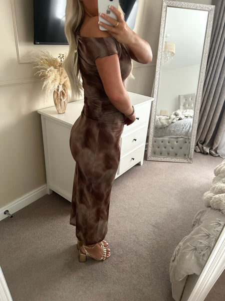Marble Print Asymmetric Shoulder Maxi Dress