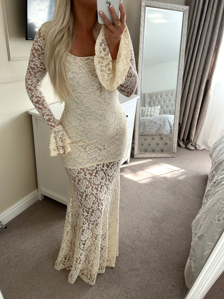 Beige Lace Flare Cuffs Maxi Dress