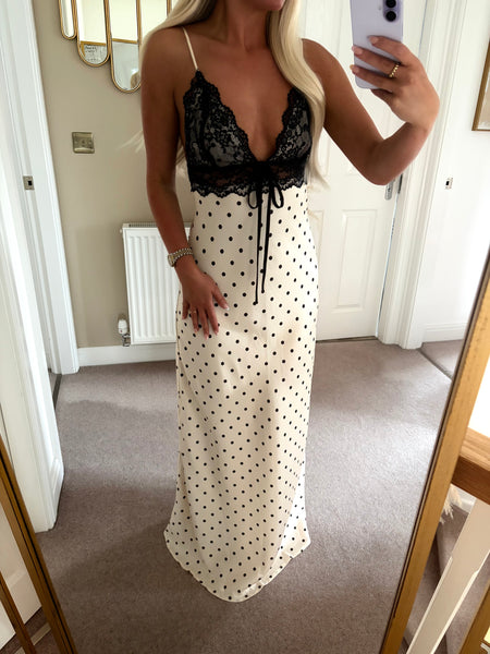 Beige Lace Detail Polka Dot Maxi Dress