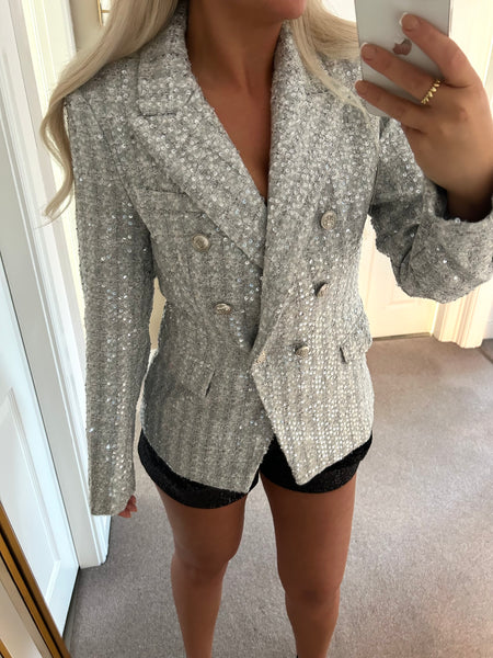 Grey Sequin Double Breasted Blazer