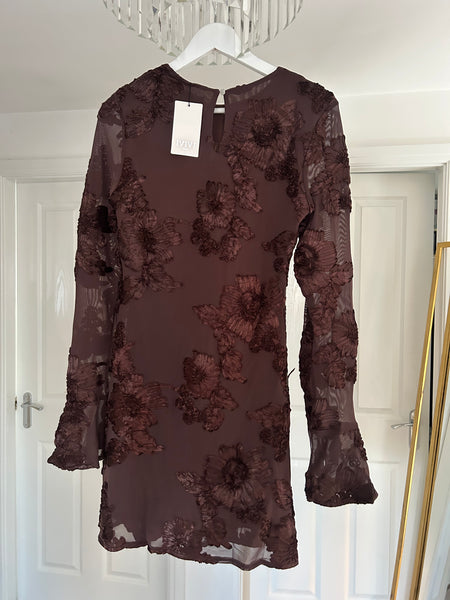 Brown Floral Lace Mini Dress