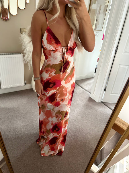 Watercolour Satin Cut Out Back Maxi Dress