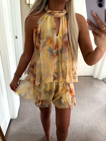 Yellow Tie Dye Chiffon Halterneck Playsuit
