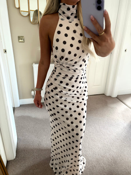 Cream Polka Dots Halter Neck Maxi Dress