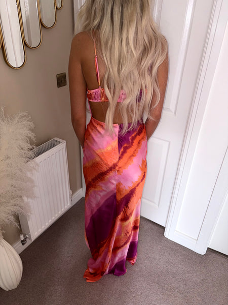Pink Satin Abstract Cut Out Back Maxi Dress