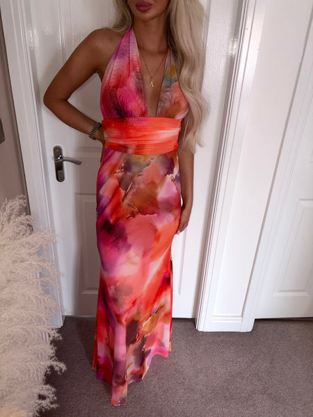 Pink Watercolour Tie Dye Halter Neck Maxi Dress