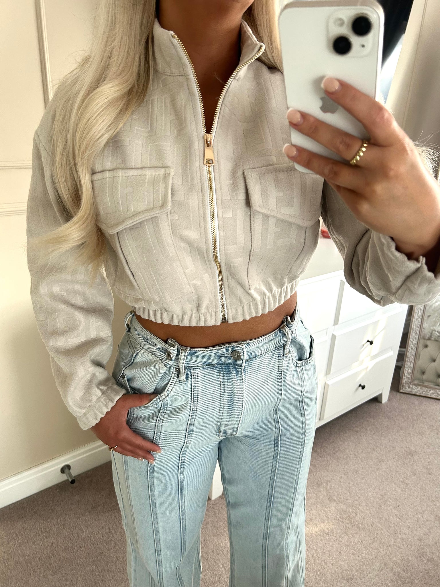 Beige Embossed Cropped Faux Suede Bomber Jacket