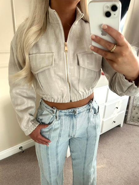 Beige Embossed Cropped Faux Suede Bomber Jacket