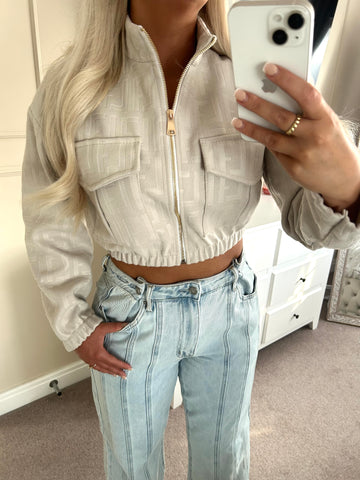 Beige Embossed Cropped Faux Suede Bomber Jacket