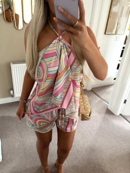 Pink Scarf Print Halterneck Top and Shorts Set