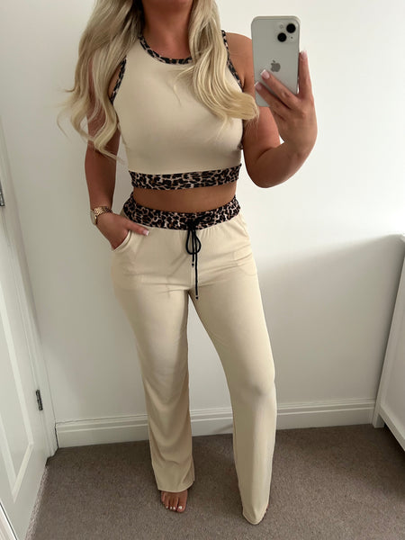 Beige Crop Top & Wide Leg Trouser Set