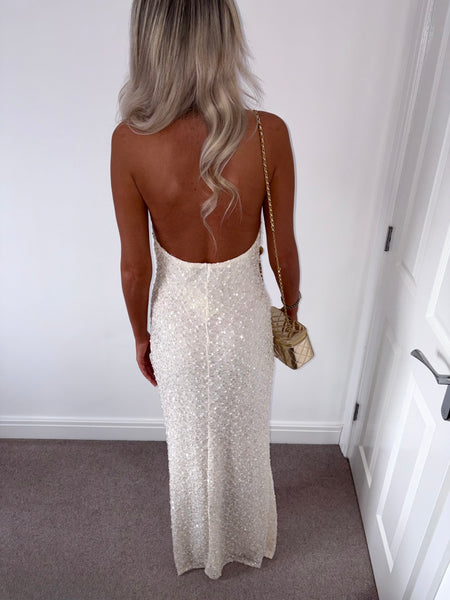 Cream Knit Sequin Halterneck Open Back Maxi Dress
