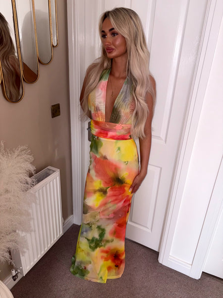 Yellow Watercolour Tie Dye Halter Neck Maxi Dress
