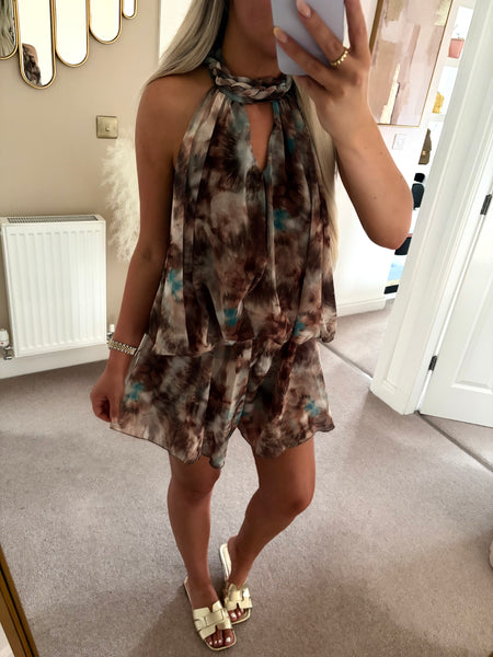 Brown Tie Dye Chiffon Halterneck Playsuit