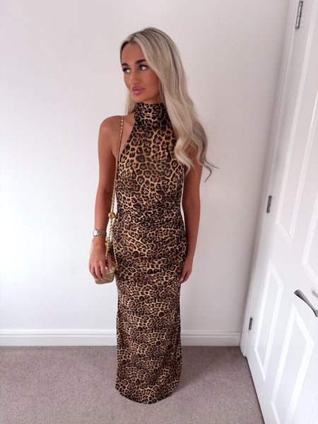 Leopard Print Halter Neck Maxi Dress