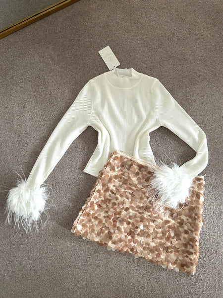 Beige Sequin Mini Skirt