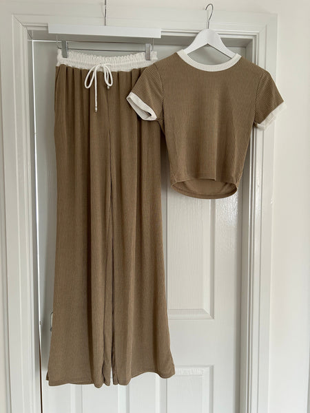 Taupe Contrast Ribbed Top And Flare Trouser Set