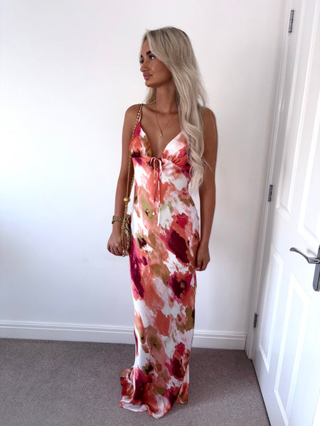 Watercolour Satin Cut Out Back Maxi Dress