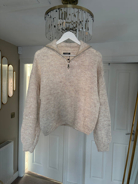 Sequin Embellished Half Zip Jumper