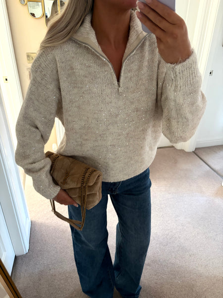 Sequin Embellished Half Zip Jumper