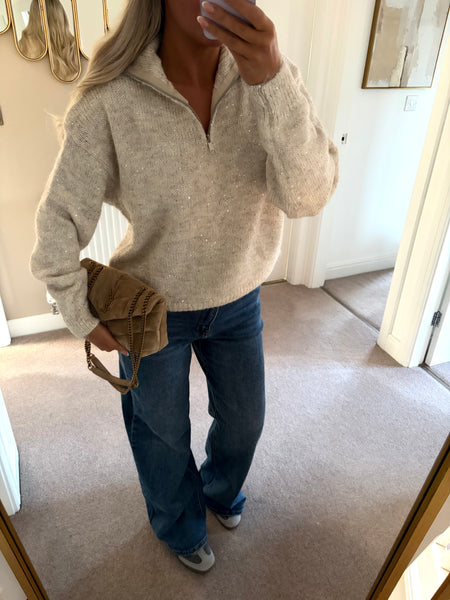 Sequin Embellished Half Zip Jumper