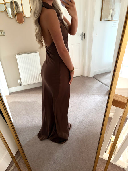 Brown Satin Cowl Neck Maxi dress