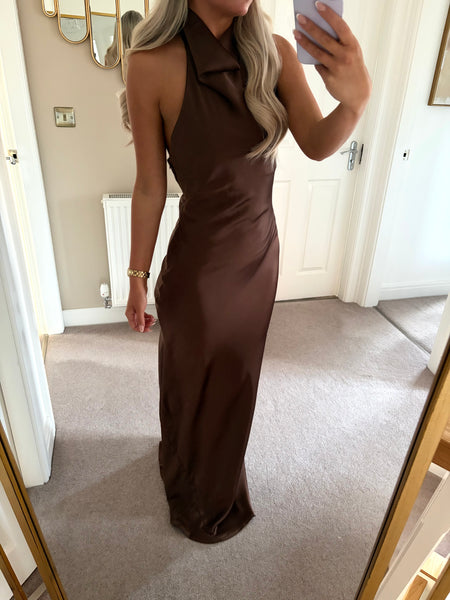 Brown Satin Cowl Neck Maxi dress